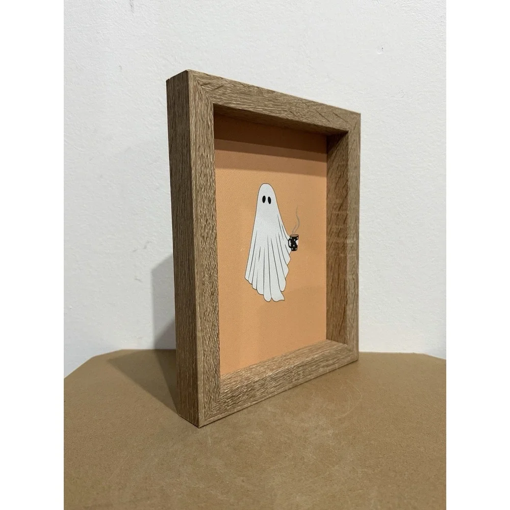 Halloween Ghost With Cute Coffee Mug‎ Orange Background Frame Decor 8x10